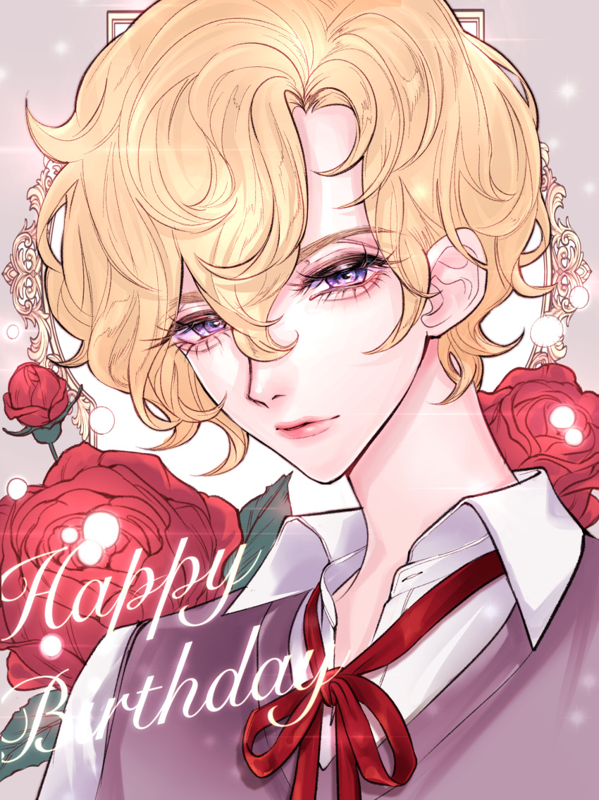 1boy, absurdres, bishounen, blonde_hair, close-up, english_text, flower, hago_46