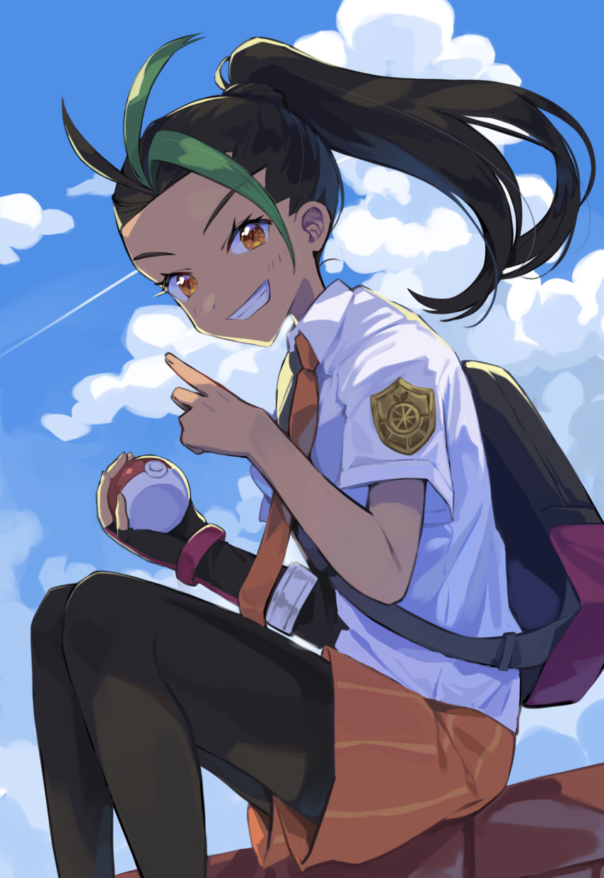 1girl, asagi1111, backpack, bag, black_gloves, black_hair, black_pantyhose, blue_sky