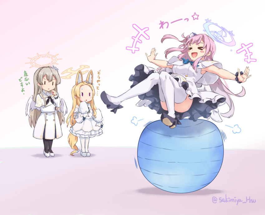 3girls, animal_ear_fluff, animal_ears, ball, black_pantyhose, black_scrunchie, blonde_hair, blue_archive