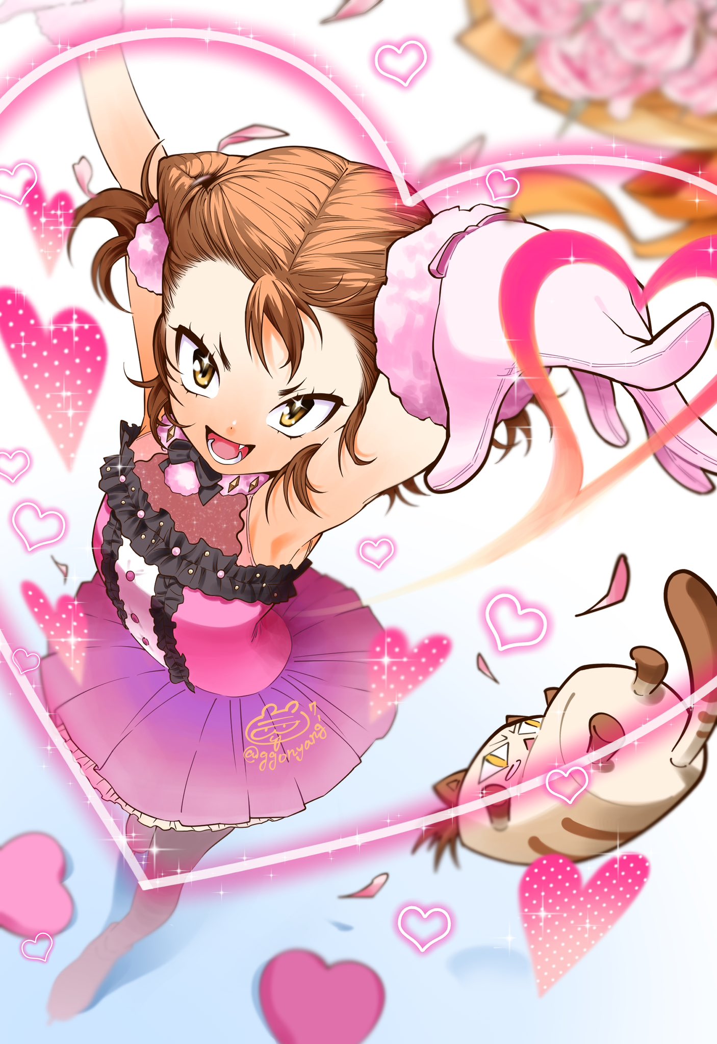 1girl, :d, arms_up, bare_arms, bare_shoulders, breasts, brown_hair, child