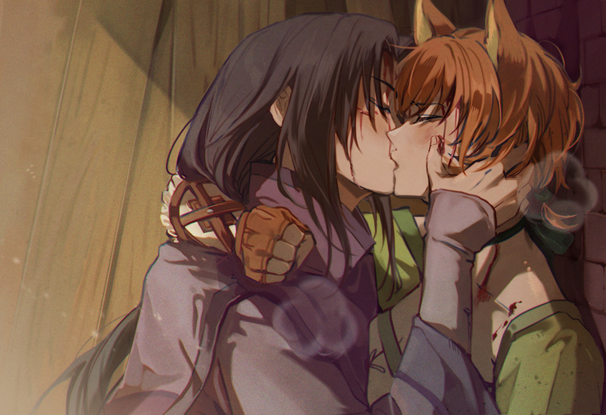 1boy, 1girl, against_wall, animal_ears, black_hair, bleeding, blood, blood_from_forehead
