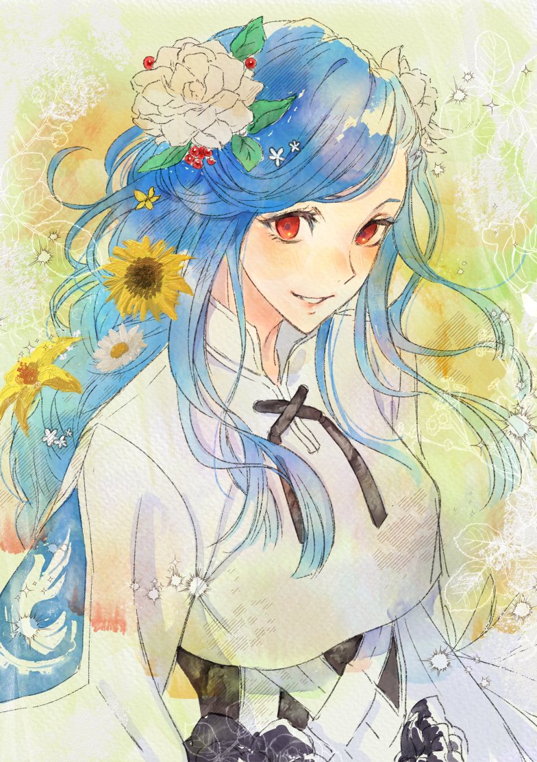 1girl, asymmetrical_bangs, blue_hair, blunt_ends, dizzy_(guilty_gear), eyelashes, flower, guilty_gear