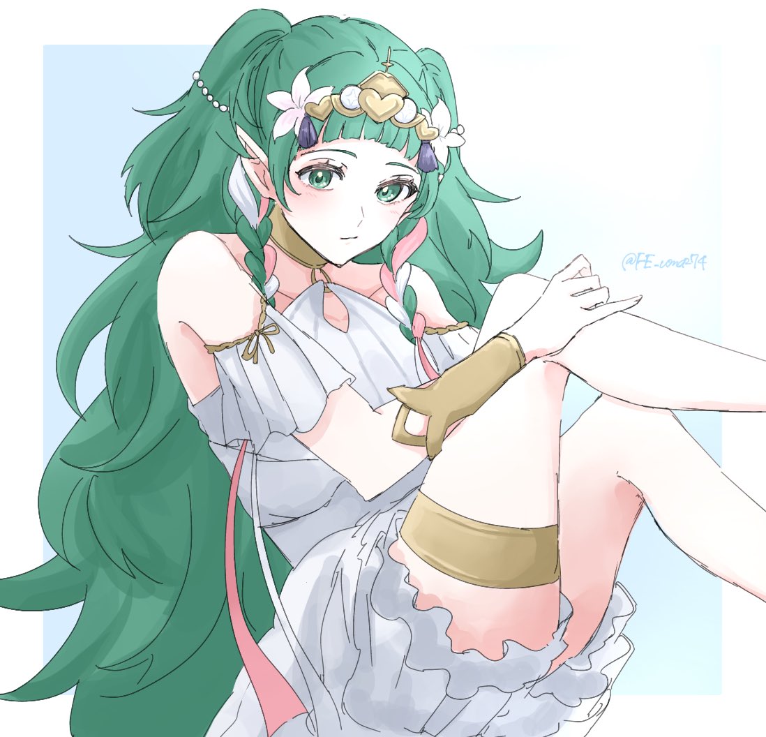 1girl, arched_bangs, artist_name, border, closed_mouth, dress, fire_emblem, fire_emblem:_three_houses, fire_emblem_heroes, green_eyes, green_hair, long_hair, official_alternate_costume, outside_border, sayaka_(fe_uma274), solo, sothis_(aura_of_love)_(fire_emblem), sothis_(fire_emblem), twitter_username, two_side_up, very_long_hair, white_border, white_dress