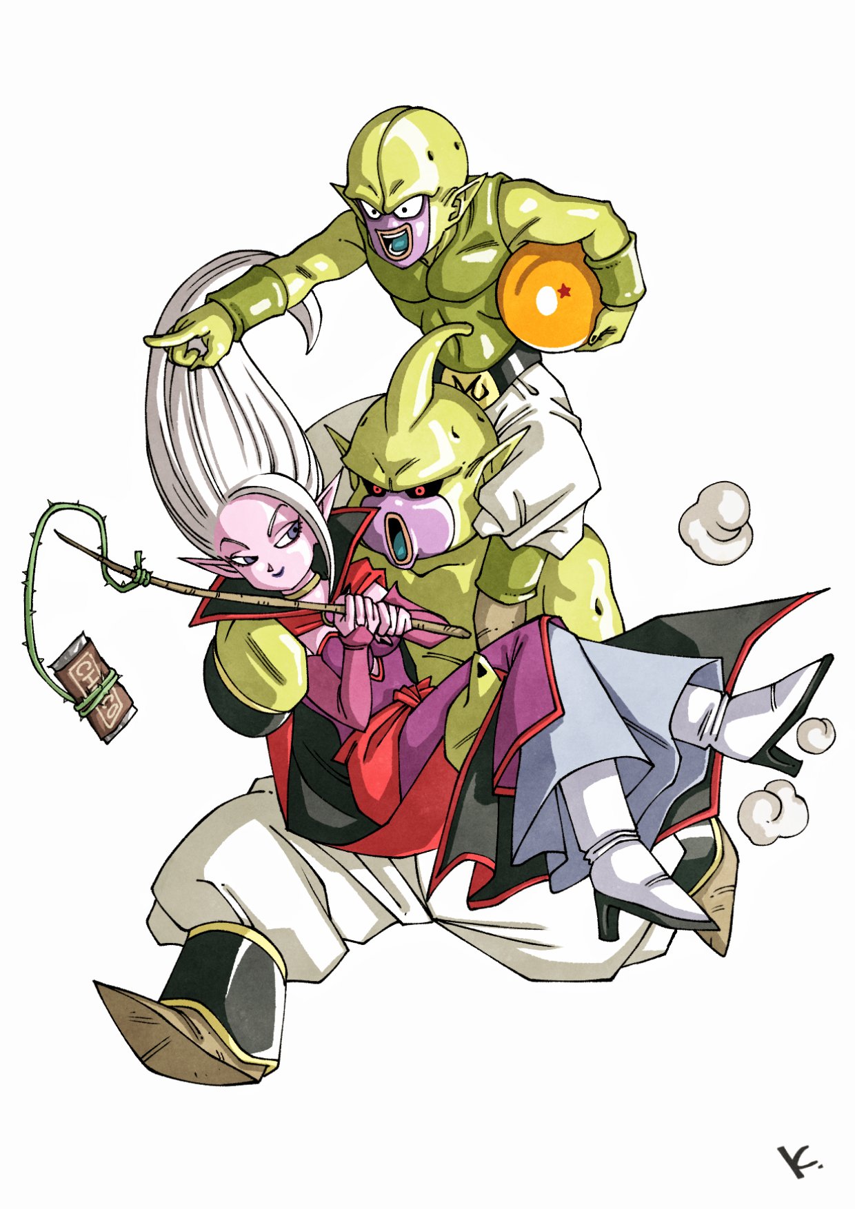 1girl, 2boys, black_cape, black_sclera, cape, chocolate, colored_sclera, colored_skin