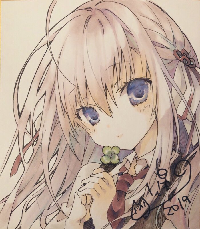1girl, 2019, ahoge, black_vest, blue_eyes, closed_mouth, clover, collared_shirt