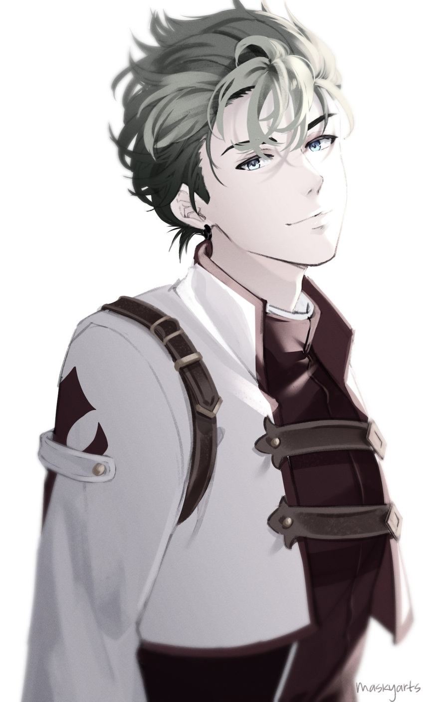 1boy, closed_mouth, commentary, cropped_jacket, earrings, eiyuu_densetsu, english_commentary, green_eyes, green_hair, highres, jacket, jewelry, kevin_graham, looking_at_viewer, male_focus, maskyarts, open_clothes, open_jacket, short_hair, simple_background, solo, sora_no_kiseki, upper_body, white_background, white_jacket
