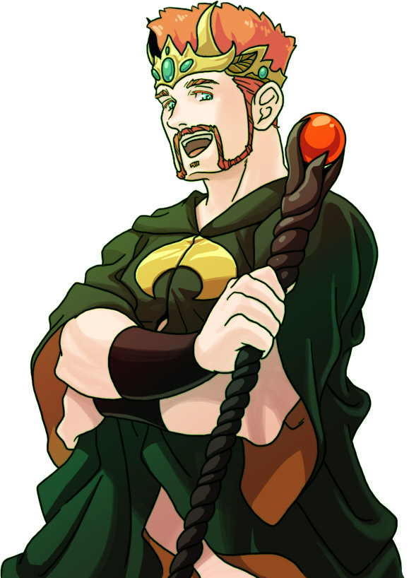 1boy, crossed_arms, crown, facial_hair, flattop, green_eyes, green_robe, happy, hazukasimegane, holding, holding_staff, looking_at_viewer, male_focus, mustache, orange_hair, robe, royal_robe, sheamus, short_hair, simple_background, smile, soul_patch, staff, teeth, upper_teeth_only, white_background, wwe