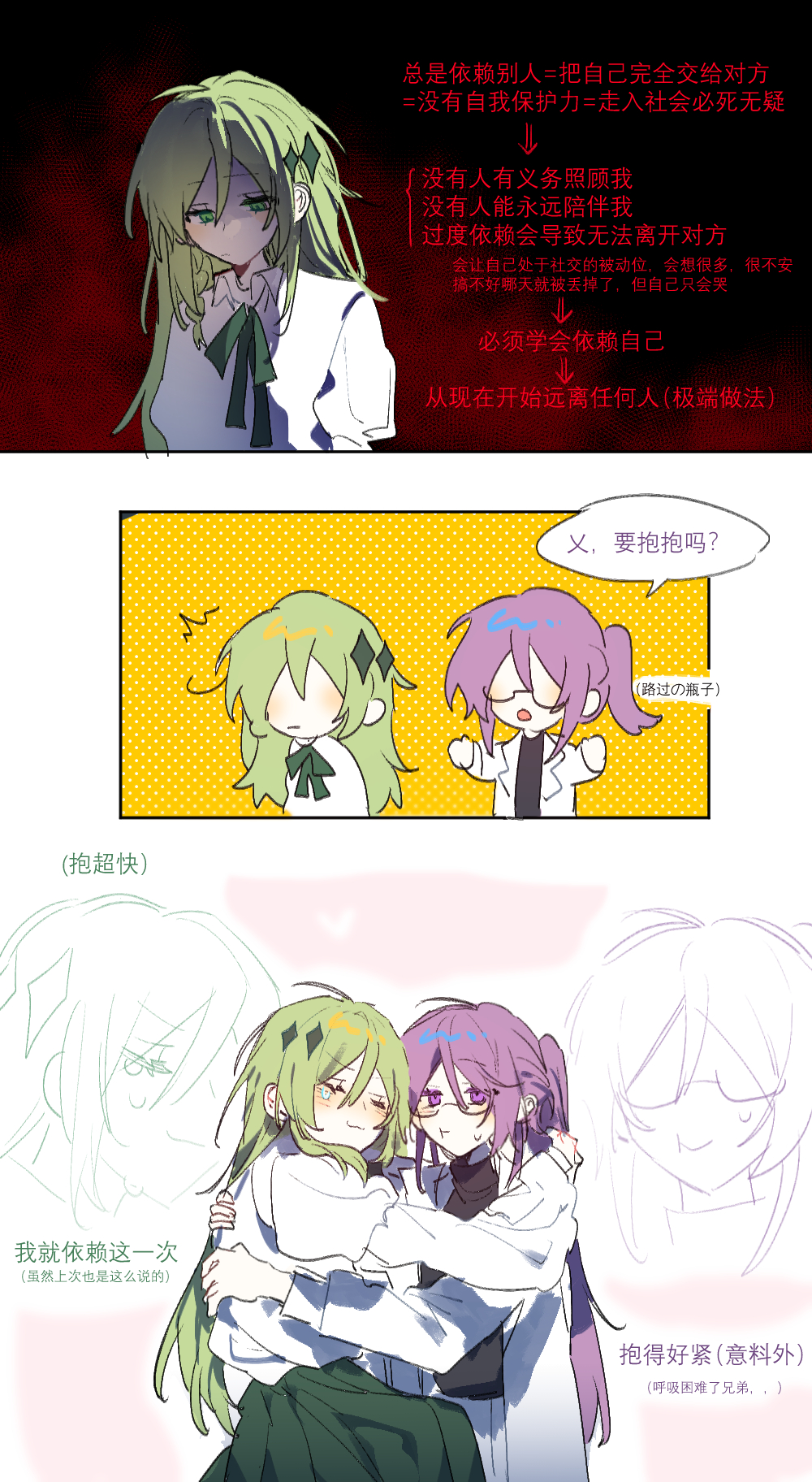 16personalities, 2girls, black_sweater, braid, chinese_text, coat, collared_shirt, comic