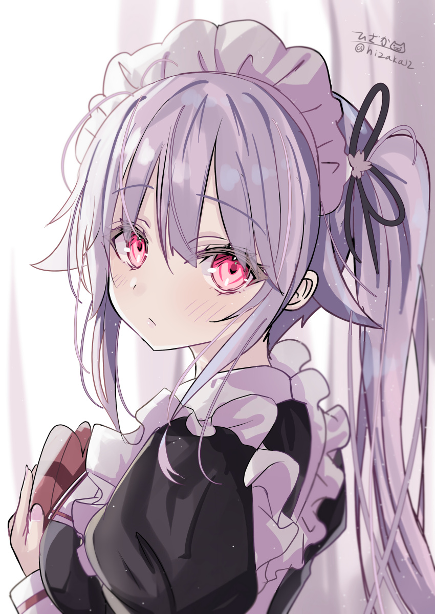 1girl, absurdres, adapted_costume, apron, artist_logo, black_dress, dress, frilled_apron