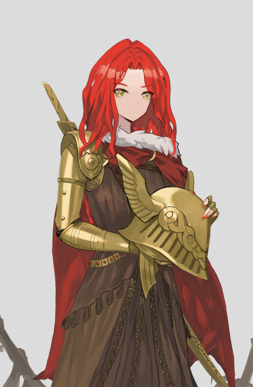 1girl, cape, closed_mouth, commentary_request, elden_ring, grey_background, helmet, highres