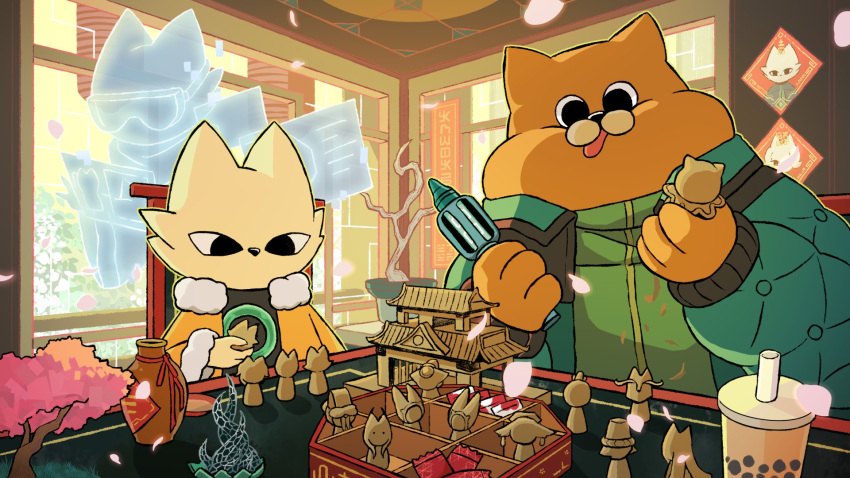 2boys, bubble_tea, cat_boy, drinking_straw, eyulen, falling_petals, fat, furry, furry_male, highres, indoors, kuafu_(nine_sols), male_focus, multiple_boys, nine_sols, orange_fur, petals, standing, tongue, tongue_out, white_fur, yi_(nine_sols)
