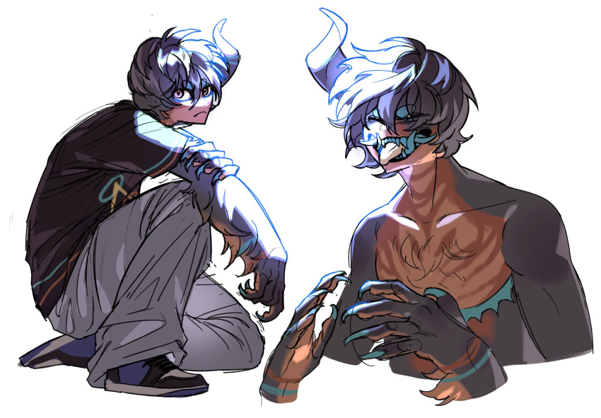 1boy, black_shirt, black_skin, claws, colored_skin, gregoriah_(regretevator), grey_pants, hands_up, highres, humanization, mastectomy_scar, minho_(stealsyourcat1), monster_boy, multiple_views, pants, regretevator, roblox, scar, scar_on_chest, shirt, short_sleeves, simple_background, sitting, white_background