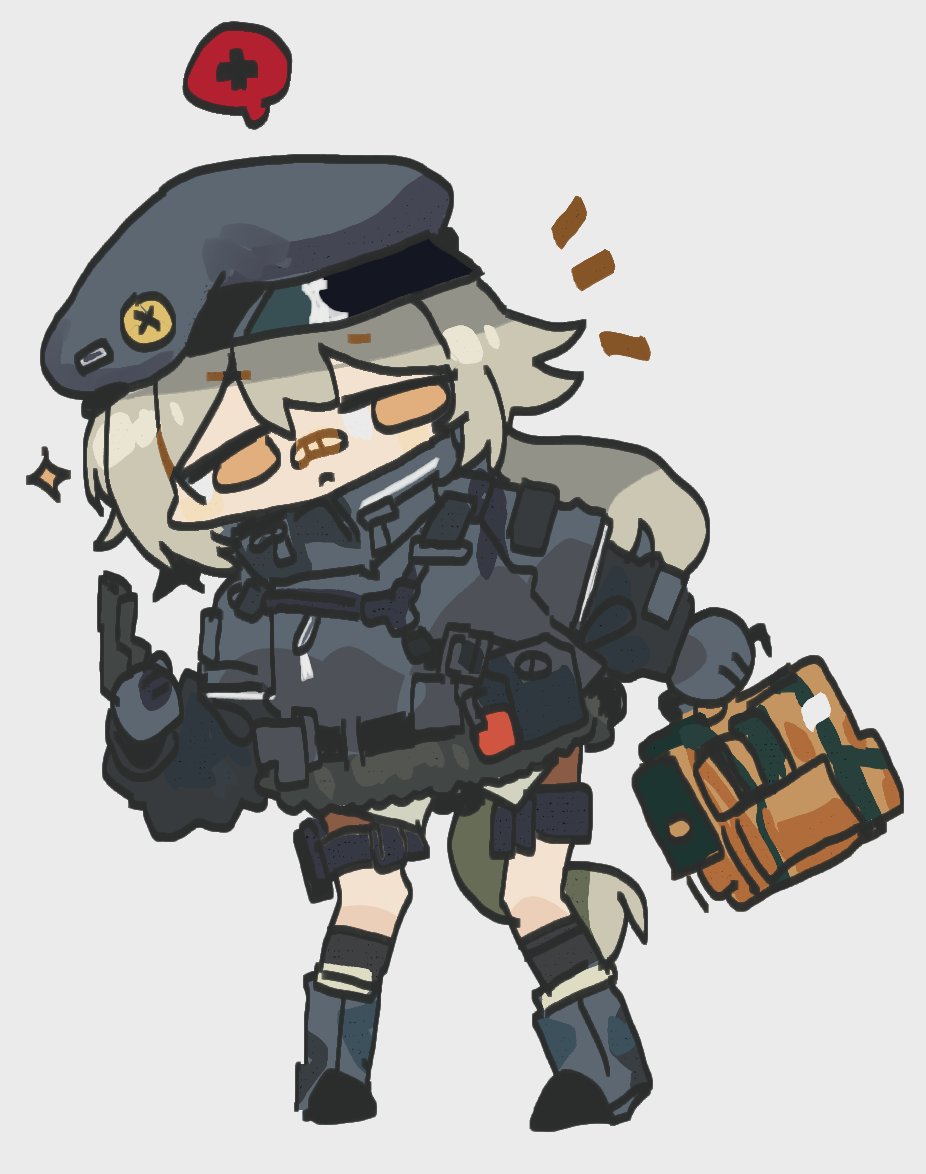 1girl, bag, bandaid, bandaid_on_face, bandaid_on_nose, beret, black_coat, black_footwear, black_gloves, black_hat, black_socks, boots, chibi, closed_mouth, coat, full_body, girls_frontline, gloves, grey_hair, gun, handgun, hat, holding, holding_bag, holding_gun, holding_weapon, holster, hs2000_(girls'_frontline), kneehighs, long_hair, long_sleeves, looking_at_viewer, no_pupils, notice_lines, odmised, orange_eyes, pigeon-toed, ponytail, simple_background, socks, solo, sparkle, spoken_red_cross, spoken_symbol, standing, thigh_holster, very_long_hair, weapon, white_background