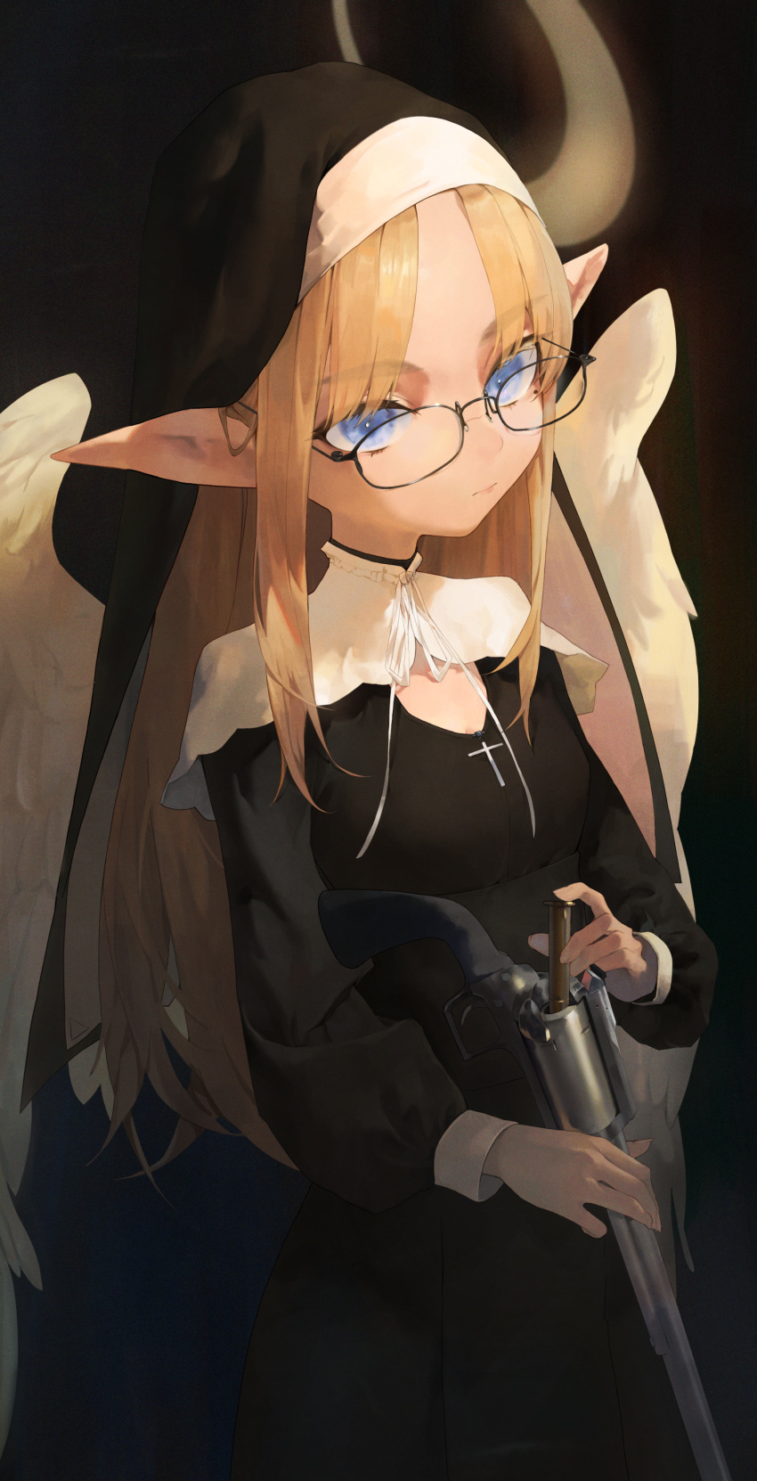 1girl, 240mmap, absurdres, angel, black_dress, blonde_hair, blue_eyes, breasts
