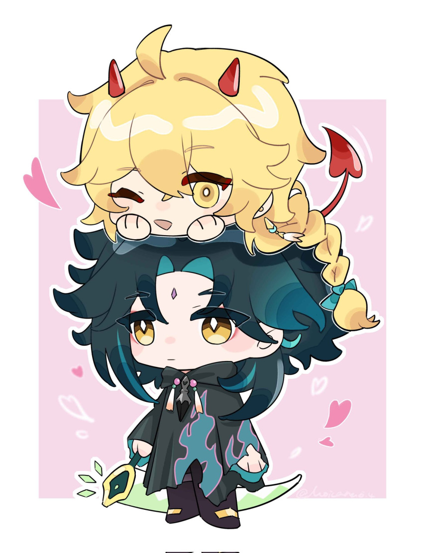2boys, aether_(genshin_impact), ahoge, blonde_hair, blue_hair, border, braid, braided_ponytail, chibi, cloak, demon_horns, earrings, genshin_impact, hashtag-only_commentary, heart, highres, holding, holding_scythe, horns, jewelry, long_hair, moicena1, multicolored_hair, multiple_boys, one_eye_closed, scythe, two-tone_hair, wand, white_border, xiao_(genshin_impact), xiao_(halloween)_(genshin_impact), yellow_eyes