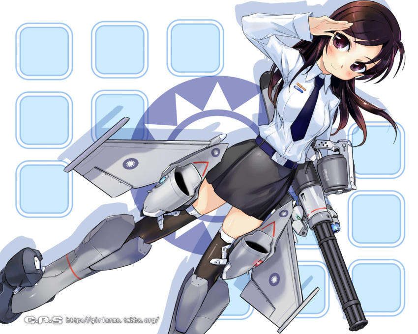 airplane, brown_eyes, brown_hair, dutch_angle, f-ck-1, girl_arms, gun, jet