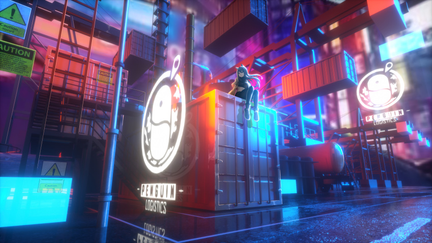 1girl, absurdres, animal_ears, arknights, black_hair, bloom, blurry, blurry_background, closed_mouth, crane_(machine), from_below, full_body, hair_between_eyes, highres, hologram, jacket, logo, long_hair, long_sleeves, looking_to_the_side, luozi_roko, pantyhose, pantyhose_under_shorts, penguin_logistics_(arknights), penguin_logistics_logo, reflection, road, shipping_container, shoes, shorts, sign, sitting, solo, storage_container, texas_(arknights), warning_sign, white_jacket, wide_shot, wolf_ears, wolf_girl