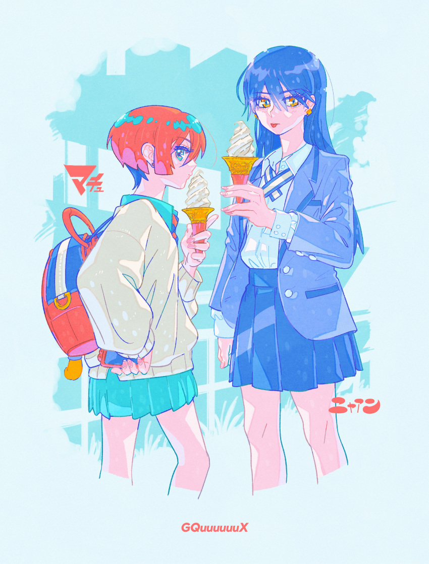 2girls, :p, absurdres, amate_yuzuriha, backpack, bag, blue_eyes, blue_hair