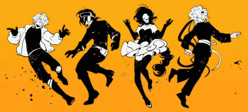 16personalities, 2boys, 2girls, absurdres, adventurer_(16personalities), braid, choker, elbow_gloves, entertainer_(16personalities), entrepeneur_(16personalities), full_body, gloves, goggles, goggles_on_head, greyscale, hands_up, headband, highres, jacket, long_hair, long_sleeves, monochrome, multiple_boys, multiple_girls, pants, raymondisch, shirt, short_hair, simple_background, strapless, thigh-highs, very_long_hair, virtuoso_(16personalities), yellow_background