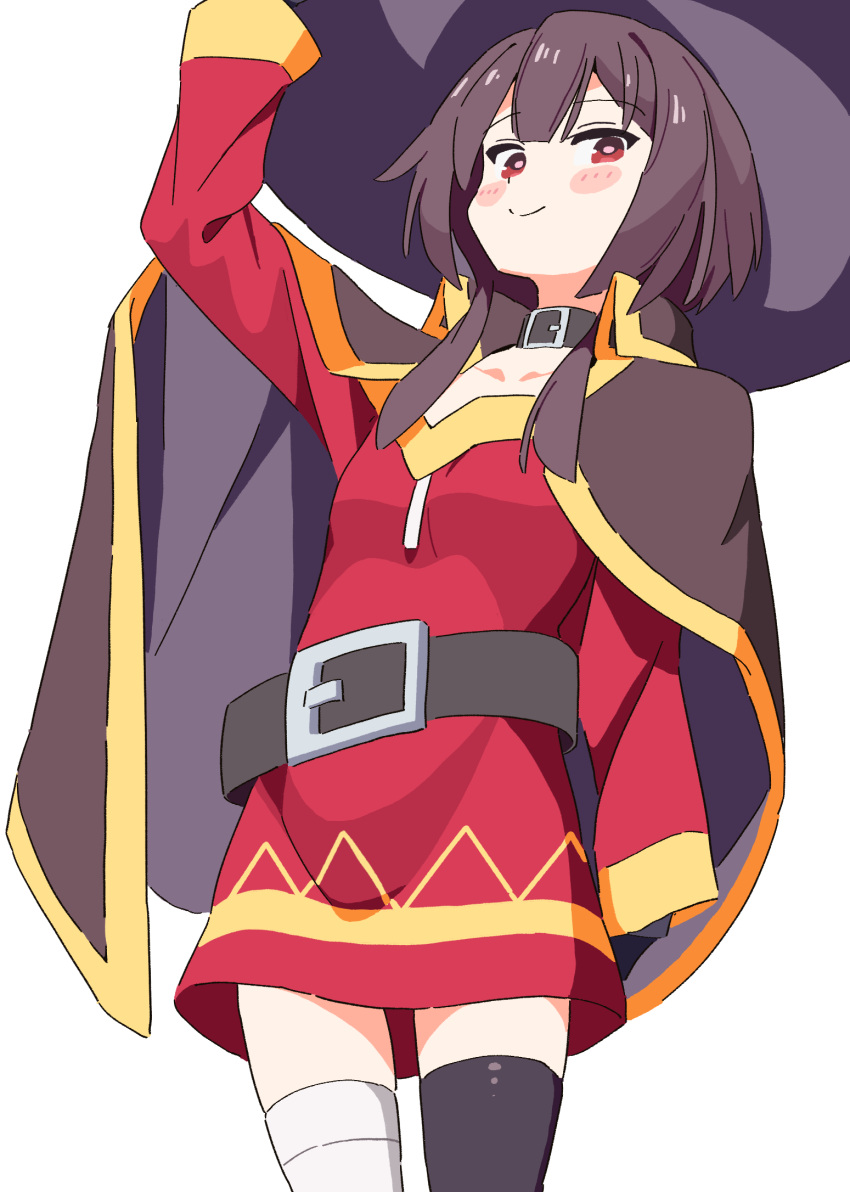 1girl, arm_up, bandaged_leg, bandages, belt, black_cape, black_hat, black_thighhighs