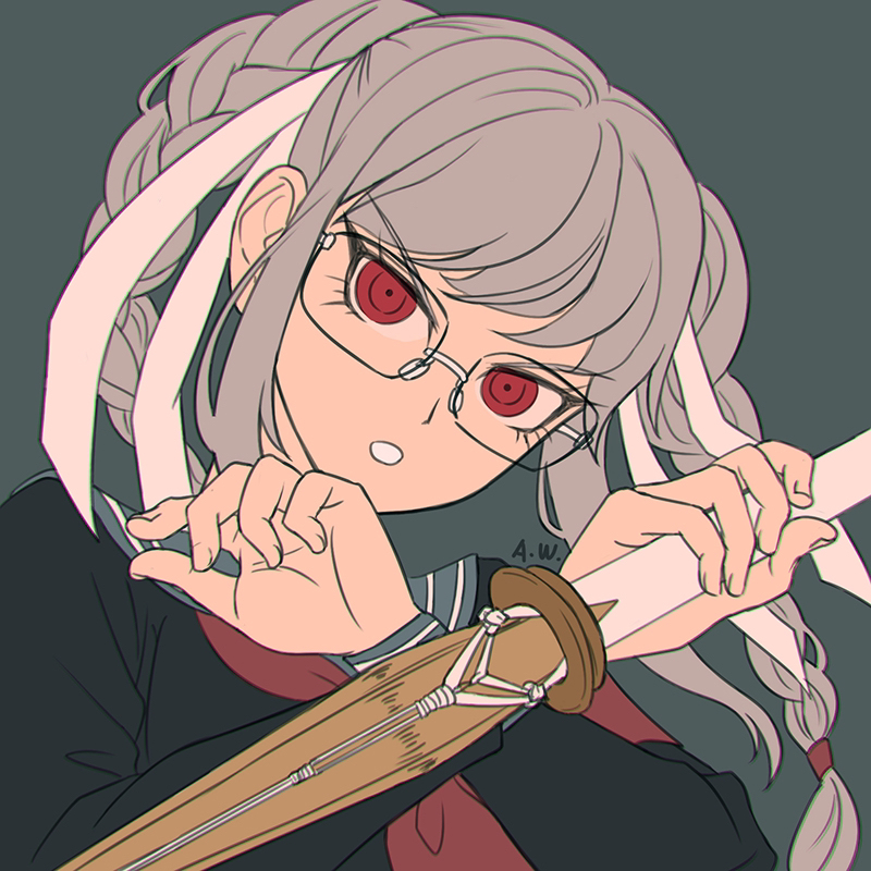1girl, :o, black_shirt, braid, danganronpa_(series), danganronpa_2:_goodbye_despair, glasses, grey_background, grey_hair, grey_sailor_collar, hair_ribbon, hands_up, long_hair, pekoyama_peko, red_eyes, ribbon, rimless_eyewear, sailor_collar, shirt, simple_background, suika_no9, twin_braids, white_ribbon