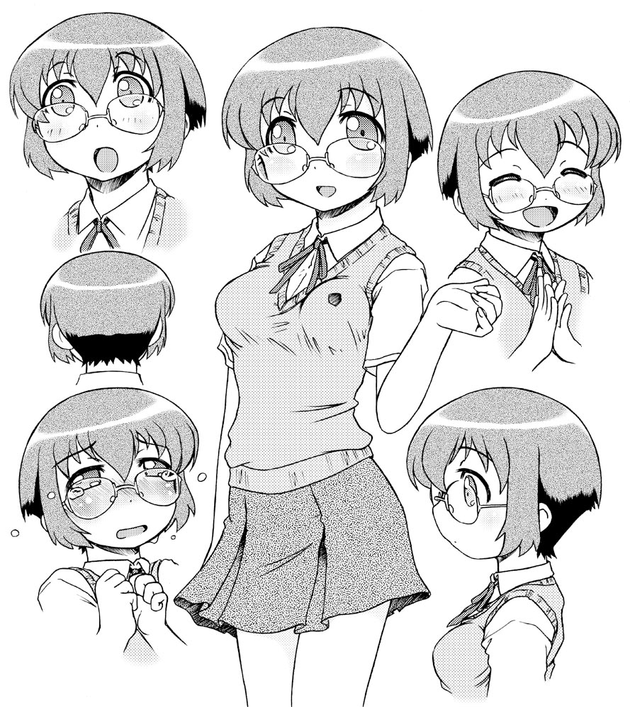 expressions, eyes_closed, glasses, monochrome, ore_no_imouto_ga_konna_ni_kawaii_wake_ga_nai, rokujou_mugi, school_uniform, short_hair