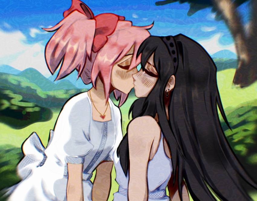 2girls, akemi_homura, anime, couple, cute, grass, kaname_madoka, kiss