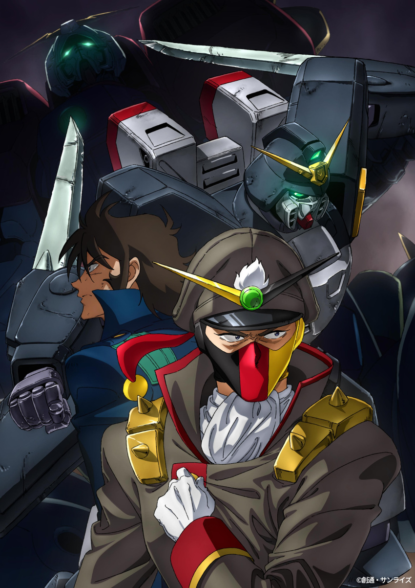 2boys, absurdres, armor, brown_hair, closed_eyes, commentary_request, devil_gundam, g_gundam