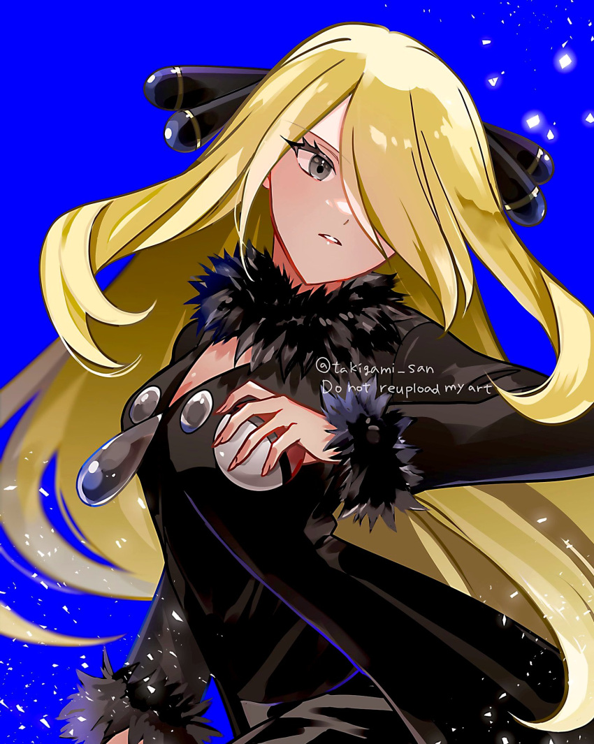 1girl, black_coat, black_eyes, blonde_hair, blue_background, coat, cowboy_shot, cynthia_(pokemon)