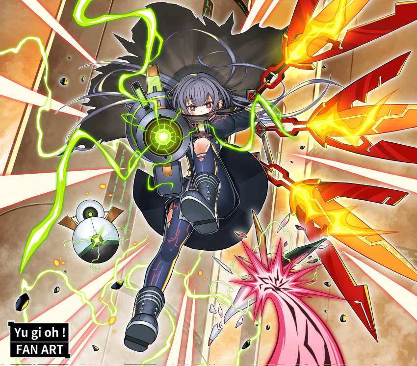 1girl, dress, duel_monster, gloves, grey_hair, gun, hair_flowing_over, highres