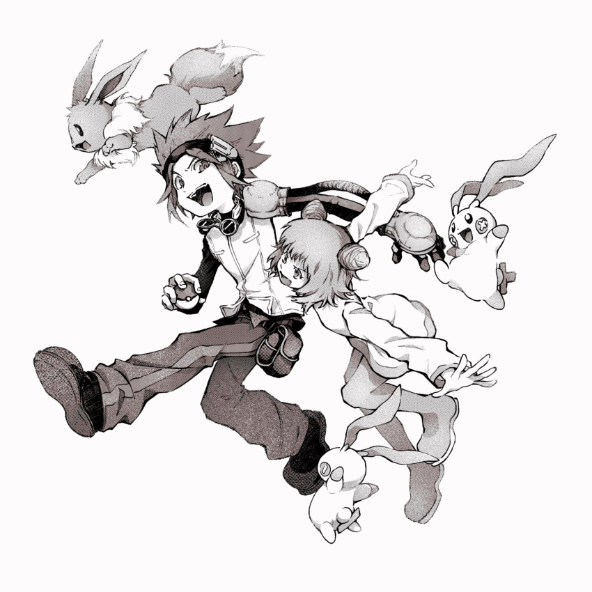 1boy, 1girl, :d, black_hairband, double_bun, eevee, full_body, greyscale