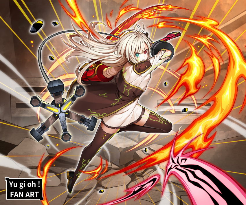 1girl, asymmetrical_dual_wielding, blonde_hair, dress, dual_wielding, duel_monster, fire, green_eyes