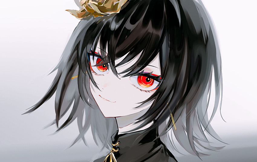 1boy, androgynous, black_hair, black_shirt, collared_shirt, commentary, crossed_bangs, dot_nose