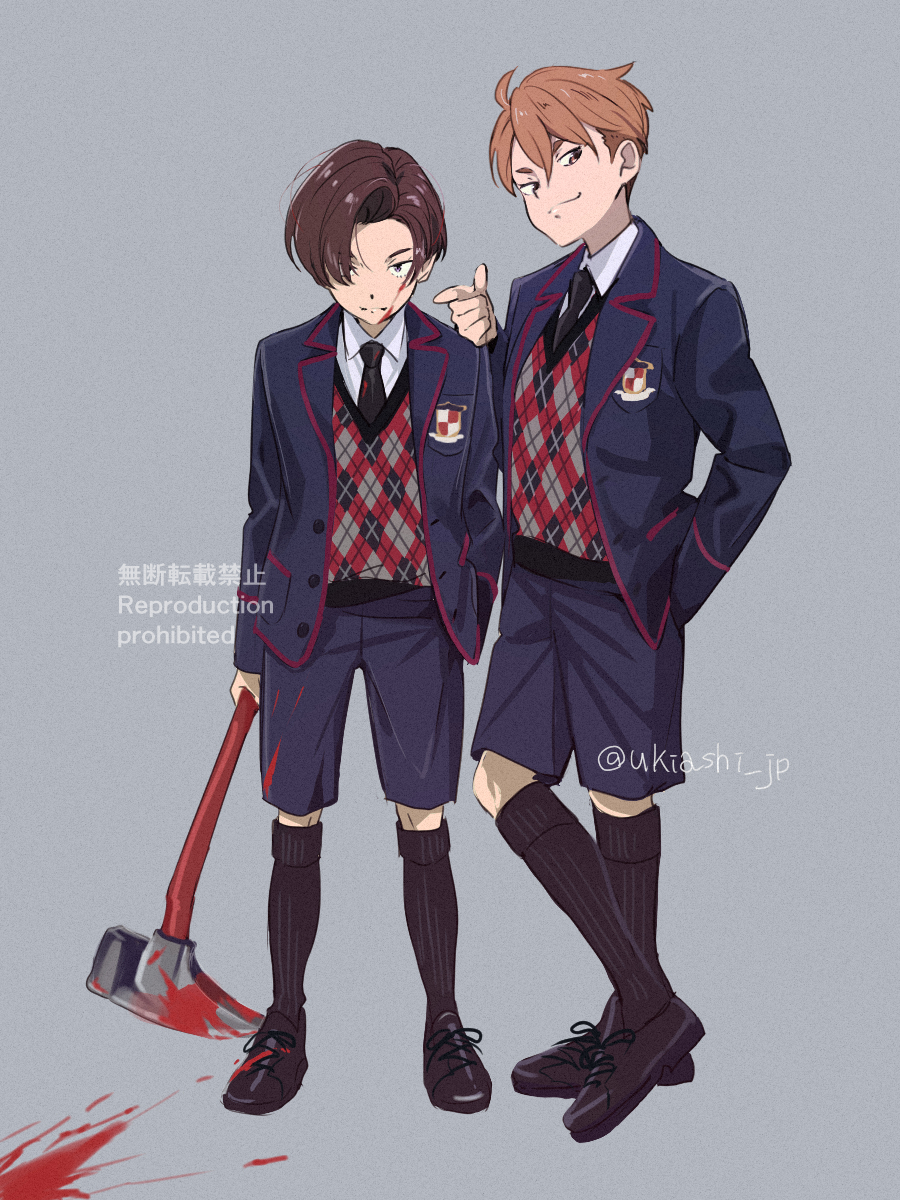 2girls, anarchy_ptck, axe, bad_id, bad_twitter_id, black_footwear, black_necktie, blazer