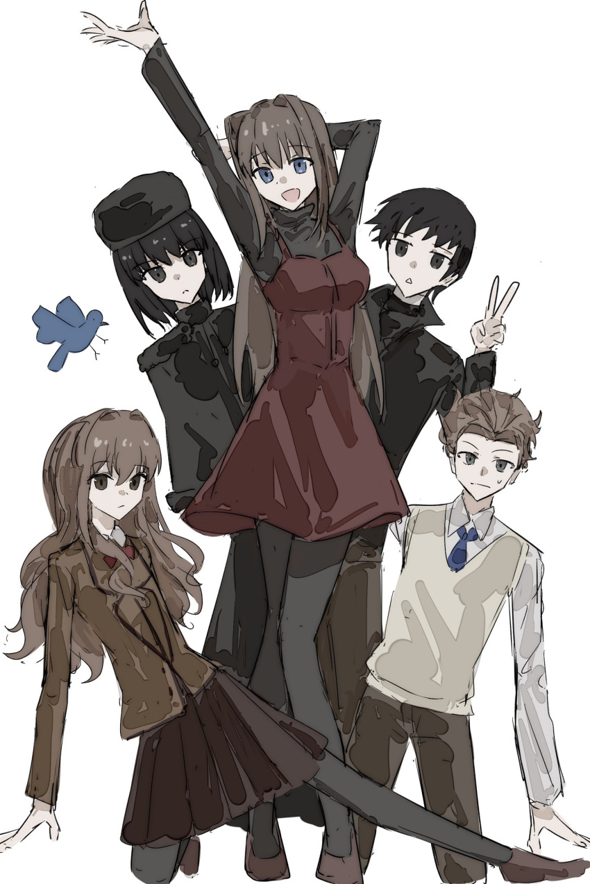 2boys, 3girls, animal, aozaki_aoko, arm_up, bird, black_dress, black_eyes