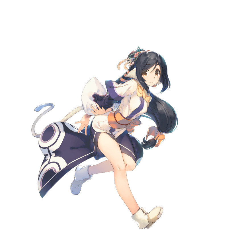 1girl, amazuyu_tatsuki, animal_ears, black_hair, full_body, hair_ornament, highres, japanese_clothes