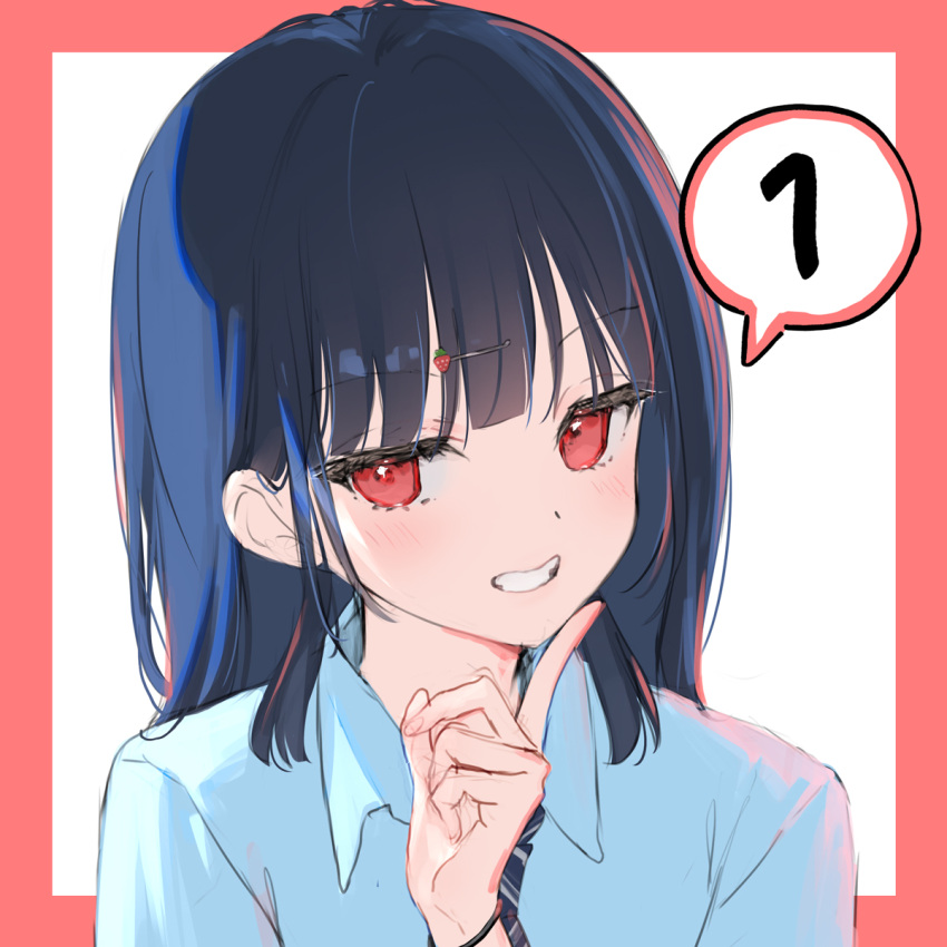 1girl, black_hair, blunt_bangs, blush, collared_shirt, finger_to_own_chin, food-themed_hair_ornament, grin