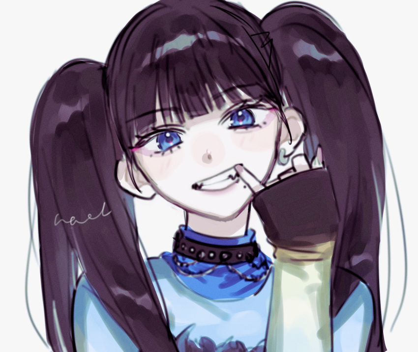 1girl, aespa, blue_eyes, blunt_bangs, commentary, earrings, eyelashes, highres