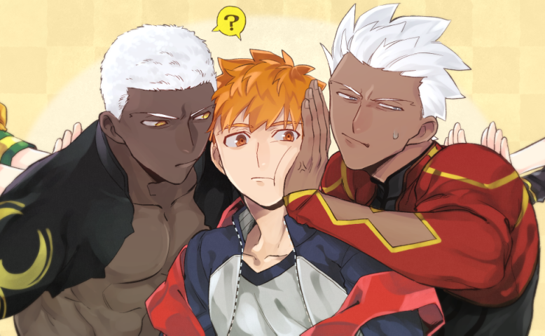 3boys, ?, archer_(fate), collarbone, dark-skinned_male, dark_skin, emiya_alter, fate/grand_order