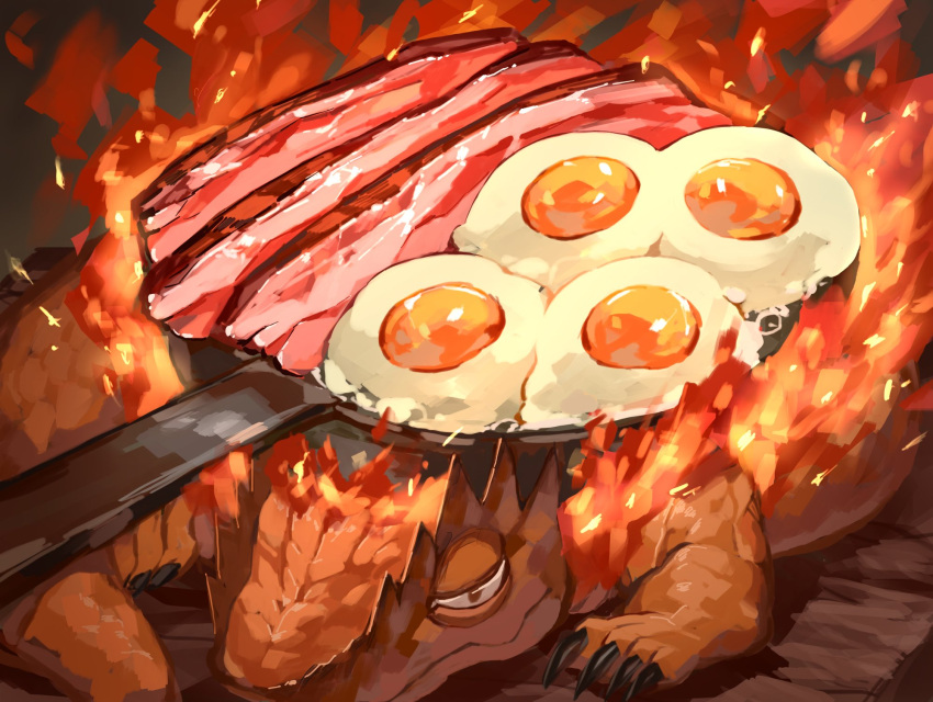 animal, bacon, claws, closed_mouth, colored_skin, commentary_request, cooking, danryoku_(ucrh3525)