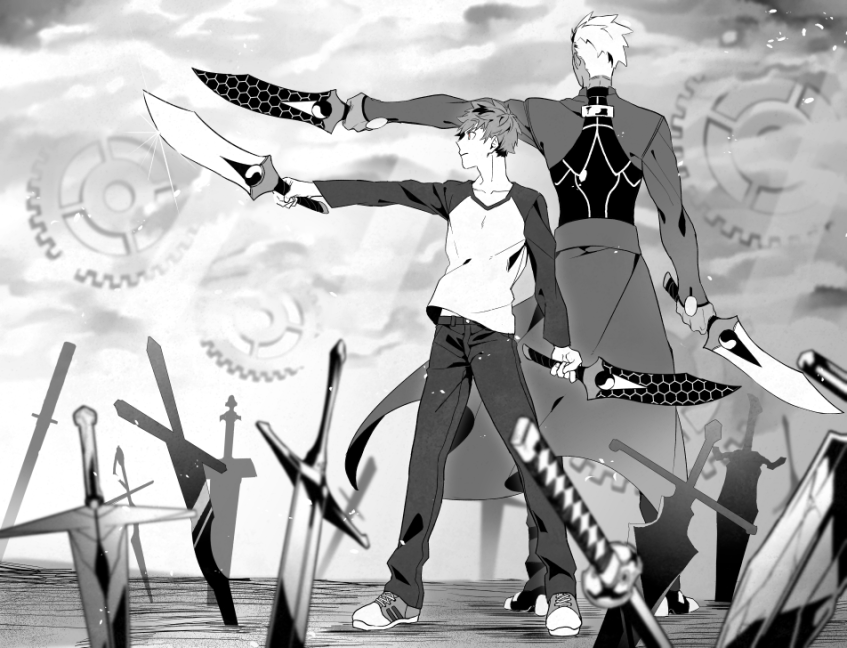 2boys, archer_(fate), collarbone, commentary_request, dual_persona, dual_wielding, emiya_shirou, fate/stay_night, fate_(series), field_of_blades, gears, greyscale, holding, holding_knife, kiyoshita, knife, male_focus, midriff_peek, monochrome, multiple_boys, outstretched_arm, pants, raglan_sleeves, shoes, short_hair