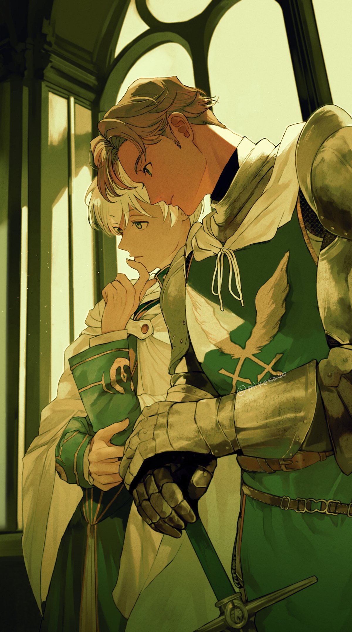 2boys, armor, belt, belt_buckle, blonde_hair, blue_eyes, blue_robe, blue_tabard