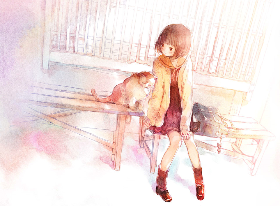 bench, blush, brown_eyes, brown_hair, cardigan, cat, leg_warmers, light_smile