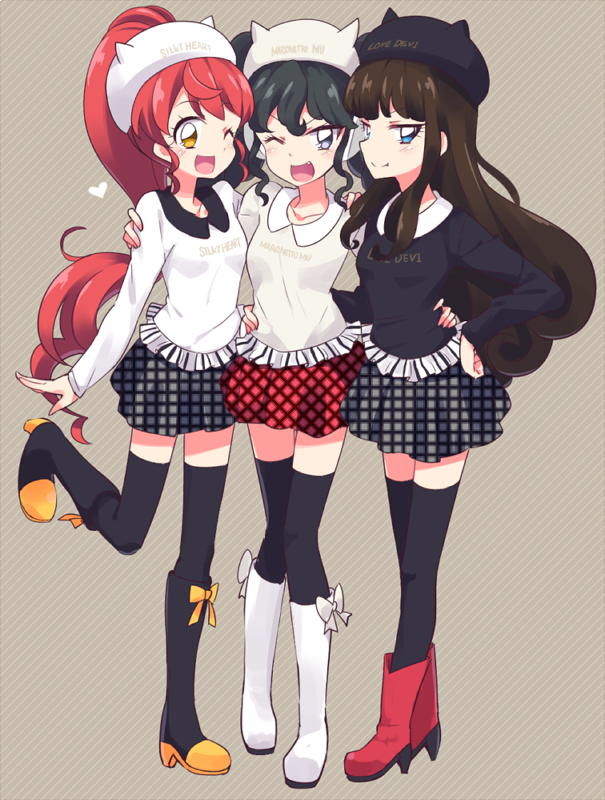 3girls, ;d, akagi_(sk0127aho), animal_hat, black_footwear, black_hair, black_skirt, blue_eyes