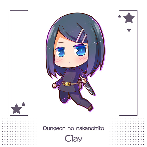 1girl, belt_pouch, blue_eyes, blush, blush_stickers, character_name, chibi, clay_(dungeon_no_naka_no_hito)