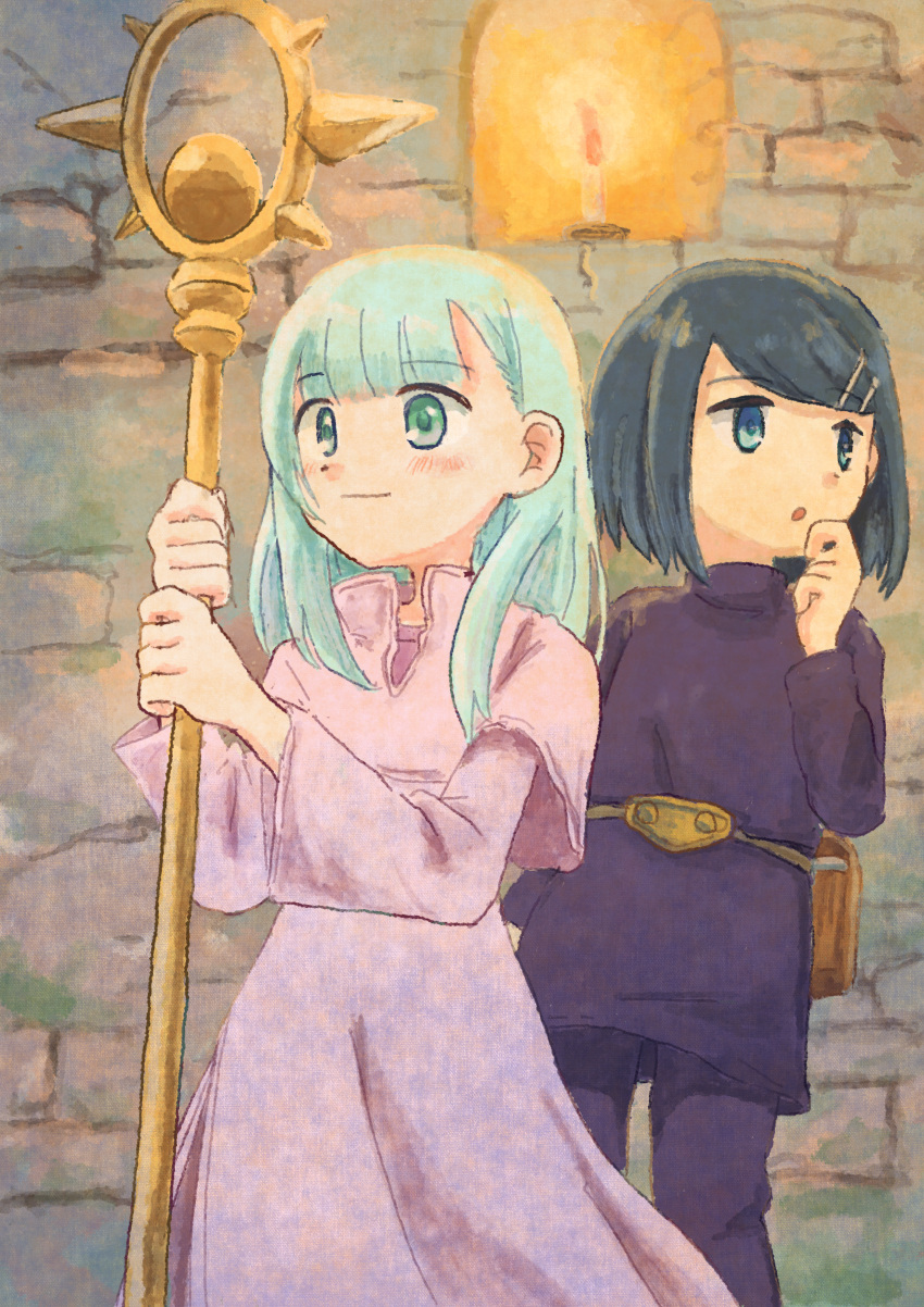 2girls, absurdres, belle_(dungeon_no_naka_no_hito), belt_pouch, blue_eyes, blue_hair, blush, blush_stickers