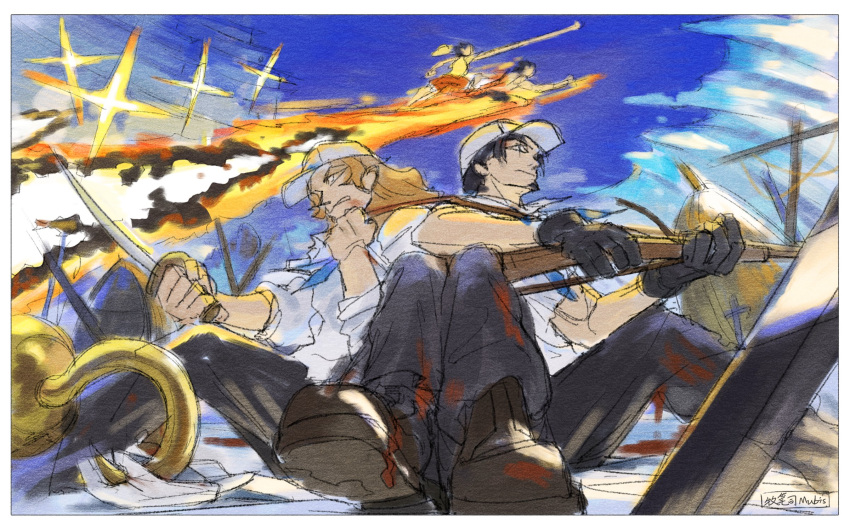 4boys, black_gloves, blonde_hair, blood, blue_sky, commentary, elder_marine_brother, english_commentary, facial_hair, fighting, fire, gloves, goatee, gun, hat, highres, holding, holding_gun, holding_sword, holding_weapon, long_hair, monkey_d._luffy, mubis_(mubishuang), multiple_boys, one_piece, one_piece_fan_letter, portgas_d._ace, red_shorts, shirt, shorts, signature, sitting, sky, sleeveless, sword, weapon, yellow_shirt, younger_marine_brother