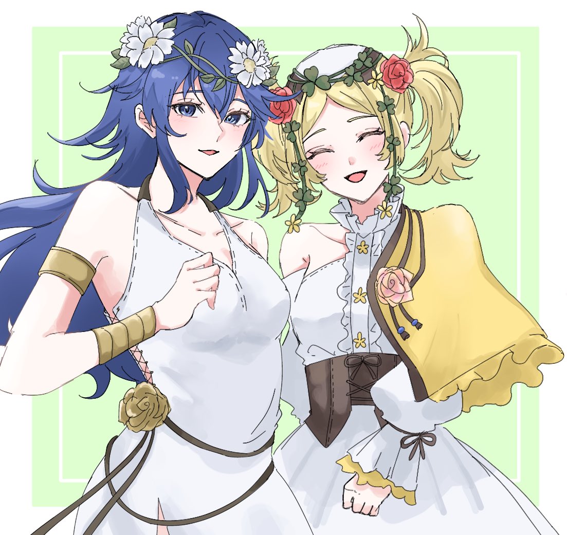 2girls, :d, armlet, aunt_and_niece, blonde_hair, blue_eyes, blue_hair, blush