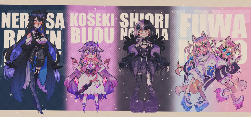 5girls, :>, :d, :q, animal_ears, asymmetrical_horns, bare_shoulders, belt, black_background, black_belt, black_coat, black_dress, black_footwear, black_gloves, black_hair, black_jacket, black_thighhighs, blonde_hair, blue_background, blue_belt, blue_eyes, blue_hair, blue_hairband, blunt_bangs, blush, boots, bracelet, cartoonized, character_name, claws, closed_mouth, coat, collared_shirt, colored_inner_hair, colored_shoe_soles, commentary, crystal, detached_collar, dog_ears, dog_girl, dog_tail, dress, drooling, english_commentary, fang, full_body, fur-trimmed_jacket, fur-trimmed_sleeves, fur_trim, fuwawa_abyssgard, fuwawa_abyssgard_(1st_costume), gloves, gradient_background, gradient_hair, grey_hair, hair_between_eyes, hair_flaps, hair_ornament, hair_over_shoulder, hairband, hairclip, hands_on_own_hips, hands_up, high_heels, highres, holoadvent, hololive, hololive_english, horns, impact_(font), jacket, jewel_under_eye, jewelry, koseki_bijou, koseki_bijou_(1st_costume), long_hair, long_sleeves, looking_at_viewer, medium_hair, mococo_abyssgard, mococo_abyssgard_(1st_costume), mole, mole_under_eye, mouth_drool, multicolored_hair, multiple_girls, nerissa_ravencroft, nerissa_ravencroft_(1st_costume), nuwi_(furinuwi), open_mouth, pink_background, pink_eyes, pink_hair, pink_hairband, purple_background, purple_hair, red_eyes, ring, shiori_novella, shiori_novella_(1st_costume), shirt, shoes, short_hair, shorts, siblings, simple_background, sisters, skin_fang, smile, sneakers, sparkle, split-color_hair, standing, strapless, strapless_dress, streaked_hair, striped_clothes, striped_thighhighs, tail, tassel, tassel_hair_ornament, thigh-highs, tongue, tongue_out, toon_(style), twins, two-tone_hair, uneven_horns, very_long_hair, violet_eyes, virtual_youtuber, white_dress, white_footwear, white_shirt, white_shorts, wing_collar, wings, x_hair_ornament, yellow_eyes