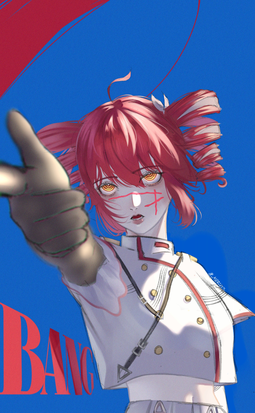 1girl, absurdres, blue_background, chainsaw_man, drill_hair, finger_gun, highres, kasane_teto, mercaxy, navel, open_mouth, red_background, red_hair, ringed_eyes, scar, scar_on_cheek, scar_on_face, shirt, solo, twin_drills, twintails, two-tone_background, utau, white_shirt, yellow_eyes, yoru_(chainsaw_man)